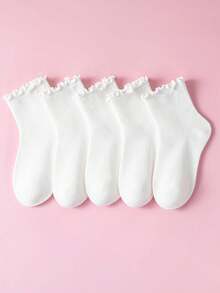 5/10 Pairs Kids All-Season White Ruffle Lace Princess Socks, Simple & Comfortable, Suitable For Daily Wear, Travel And Sports - White - View 5