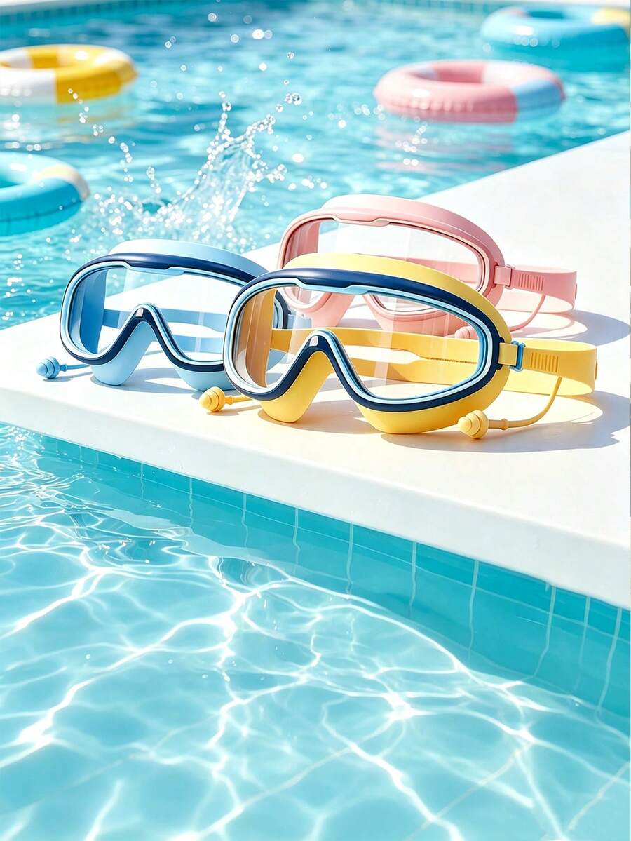 1pc Large Frame Swimming Goggles, One-Piece Design With Built-In Earplugs, High Definition Anti-Fog, Soft Silicone Seal Waterproof, Wide Field Of View Lenses; Adjustable Elastic Headband, Comfortable Fit Without Pressure On Eyes - Swimming Goggles - View 1