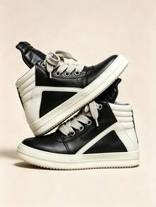 Men's High-Top Platform Sneakers Chunky Skate Shoes Retro Casual Walking Trainers With Easy-Clean Leather, Unisex Couple Style, Back To School Streetwear Essential - 黑色 - 查看 3