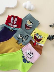 SpongeBob SquarePants 5 Pairs SquarePants Series Contrast Color Pattern Fun Personalized Kids Mid-Calf Socks - Multicolor - View 4