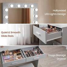 Jooli H Dressing Table Set With LED Lights Mirror, Vanity Makeup Table 2 Large Drawers And Stool, Grey - Silver Gray - View 4