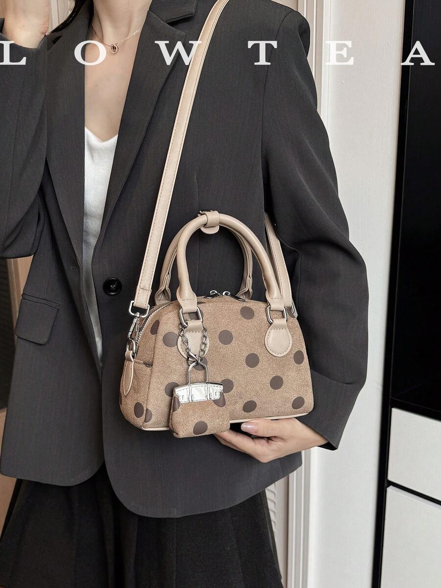 low tea 1pc Polka Dot Bowling Bag PU Fabric Handbag With Adjustable Shoulder Strap, Suitable For Commuting, Shopping And More