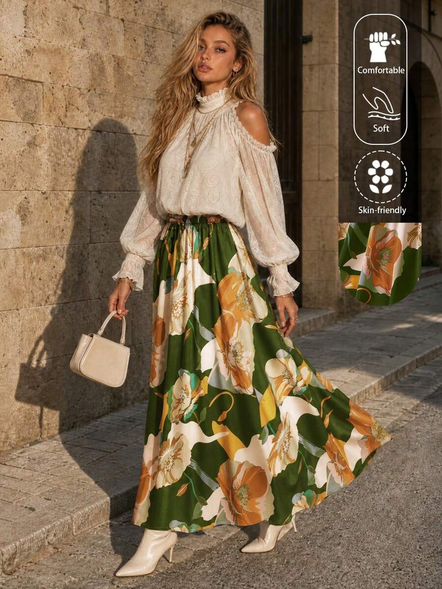 Women's Floral Print Elastic Waist Casual Summer Skirt Vacation - Army Green - View 1