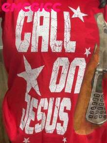 EMCGICC Jesus Shirt,CALL ON JESUS,Y2k Graphic T-Shirt Men's Summer Short Sleeved Cotton Casual Outdoor Street,God Shirts,Surprise Gift,Graphic Tees Men - 紅色 - 查看 3