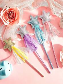 3/5Pcs Glitter Star Fairy Magic Wand With Tulle Sequin Streamers, Pastel Color Ribbon Princess Cosplay Prop, Handheld Twisted Rod Fairy Stick For Birthday Party, Halloween Dress Up, Photo Booth Decorations - A - View 5