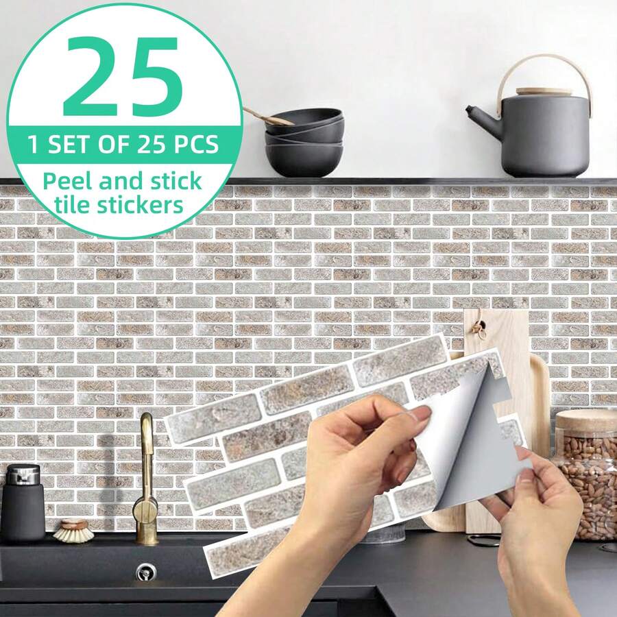 25pcs Simulated Crystal 2D Textured Tile Wall Stickers, Self-Adhesive Kitchen Stove Anti-Oil Stickers, Bathroom Waterproof Stain-Resistant Renovation Stickers, Dining Room Wall Decor Stickers - SPT-1154 - View 1