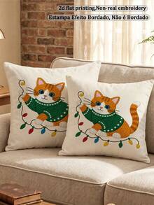 shangxia 2PCS--Christmas Colorful Lights Orange Kitten Pattern Printed Pillowcase, Winter Living Room Sofa Cushion, (No Pillow Insert)--(No Pillow Insert)---(Multiple Sizes)---(No Embroidery)---(Single-Sided Print) - Multicolor - View 2