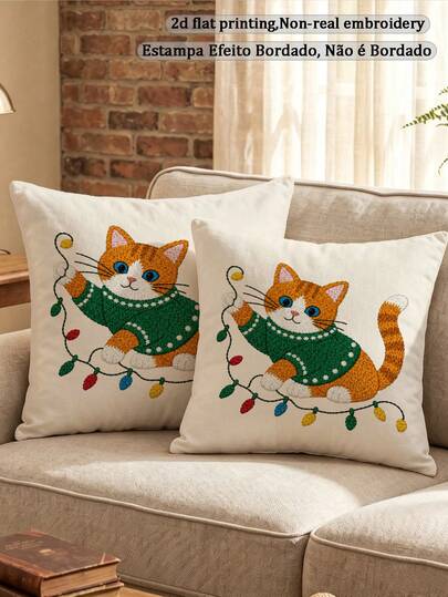 shangxia 2PCS--Christmas Colorful Lights Orange Kitten Pattern Printed Pillowcase, Winter Living Room Sofa Cushion, (No Pillow Insert)--(No Pillow Insert)---(Multiple Sizes)---(No Embroidery)---(Single-Sided Print)