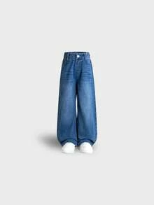Tween Boy Simple Light Wash Wide Leg Jeans, 8-11 Years, New Sand-Washed Process, Elastic Waistband, Adjustable Fit, No Zipper Design, Semi-Elastic, Loose Fit, Classic Versatile Denim Pants, All-Season Wear - Light Wash - View 10