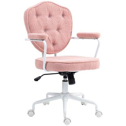 Bürostuhl, Ergonomisch Schreibtischstuhl Mit Wippfunktion, Geknöpftem Bezug, Höhenverstellbar Computerstuhl Mit Drehfunktion, Für Home Office, Teddybärvlies, Rosa