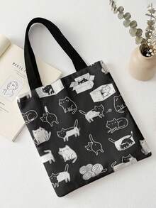 1pc Cartoon Cat Print Black Canvas Tote Bag, Lightweight Durable , Multi-Use Shoulder/Hand Bag For Students, Commuting & Daily Shopping - Black and White - View 4