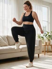 Plus Size High Waist Elastic Solid Color Loose Casual Jogger Pants, Suitable For Running, Yoga, Dance - Black - View 6