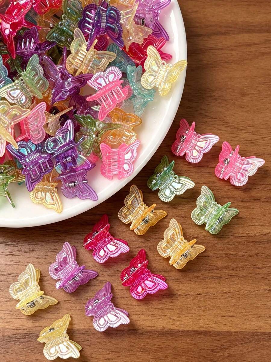 20入果凍全息蝴蝶迷你抓夾，女孩髮飾髮夾，多色混款時尚髮飾配件 - 彩色 - 查看 1