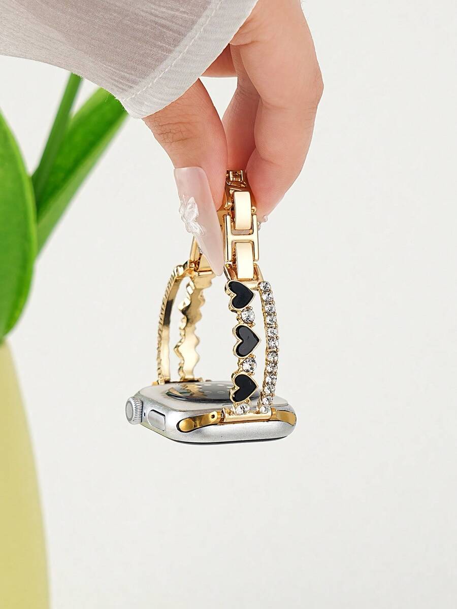 Women's Heart Rhinestone Decor Metal Watch Band, Gold Delicate Chain Replacement Strap, Compatible With Apple Watch Series 11/10/9/8/7/6/5/4/3/2/1, Sizes 38mm/40mm/41mm/42mm/44mm/45mm/46mm/49mm, Compatible With Ultra 1/2/3/SE, Suitable For Daily Commute, Date, Party, Create Atmospheric Watch Outfit, Perfect For Gift Or Personal Use - Gold - View 1