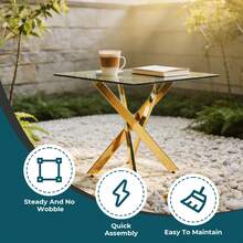 Dining Table With Cross Metal Leg And Tempered Glass,Modern Space Saving Kitchen Table For Living Room, Legs,Square Table,Golden Legs,80x80x75cm - 彩色 - 查看 2