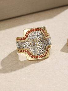ZHIXUN 1pc Vintage Elegant Inlaid Synthetic Zirconia Dual-Color Hollow Pattern Women's Ring, Versatile Accessory For Daily Wear, Dating, Party, Banquet - Ring - View 4