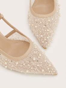 Women's Red Pointed Toe Closed Toe Diamond Lattice Mesh Breathable Woven Hollow Out Luxury Chunky Heel High Heel Sandals - Apricot - View 3