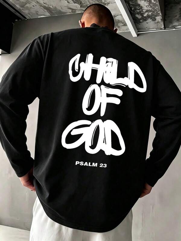 Men's Spring/Autumn Fashion Versatile English Print Crew Neck Long Sleeve T-Shirt