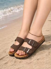 Women's Wide Toe Box Double Strap Flat Slip-On Sandals, Summer Casual Beach Slides - Rust Brown - View 3
