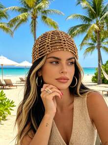 1pc Women's Y2K Style Cute Casual Fashion Sequin Shiny Hollow Hand-Knitted Hat, Suitable For Outing, Photography, Daily Wear, Bucket Hat Style - B - View 9
