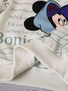 2pcs Disney Autumn Baby Boy Mickey Street Paris Eiffel Tower Print Cute Long Sleeve Ribbed Sweatshirt Olive Green Sweatpants Set Cartoon Pattern Slight Stretch Suitable For Infants Newborns Daily Wear Spring Gift - Olive Green - View 6