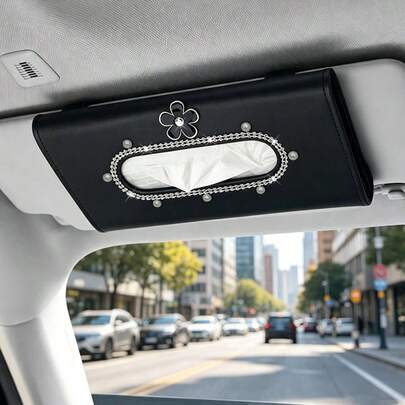 Nuevo Visera Solar para Coche con Patrón Floral Brillante, Caja de Pañuelos de Cuero PU con Strass, Soporte para Pañuelos de Coche, Accesorio de Decoración Interior para Mujeres
