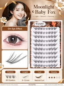 WANPIN WAN PIN Moonlight Fox 80 Clusters False Eyelashes, 9-13mm Natural C-Curl Cluster Lashes, Mixed Length Fine & Dense Style, Lightweight Seamless Look, Glue-Free Option, Comfortable Wear, Suitable For Daily Natural Eye Makeup - C - View 4