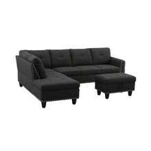 Reversible L-Shaped Sectional Couch With Storage Ottoman, Tufted Linen Sofa With Rivet Trim, 4 Seater Corner Sofa For Small Space Living Room-Left - Black + Foam + Wood + 6 Seat1 - View 7