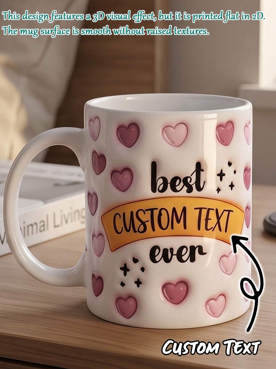 Pink Heart [Text Best-Ever] Customizable Text 11oz Ceramic Mug Cup Heart Pattern Customized Gift Coffee Cup - Pink Heart [bast Text Style] - View 1