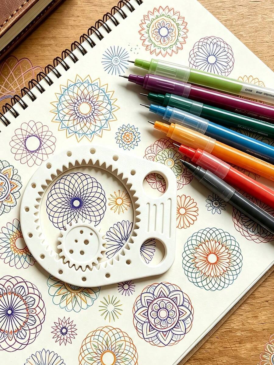 3pcs Twistable Gear Drawing Tool Set With Twistable Mechanism & Multi-Functional Gear System - Instant Patterns Suitable For Adult Coloring Books, Journals, Scrapbooking, Technical Drawings, DIY Art Supplies - Multicolor - View 1