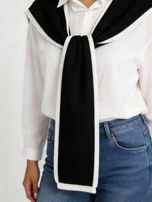 Women's Contrast Trim Knit Shawl, College Style Sailor Collar Front Tie Decor Cape, Casual Versatile Outerwear, Suitable For Daily Shirt Dress Layering - Black - View 6