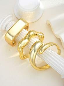 3pcs/Set Chunky Fashion Minimalist Elegant Exquisite Vintage Design Geometric Ribbon Water Drop Wave Square CCB Metal Style Minimalist Plain Wide Chunky Open Bangle Bracelet Set For Holiday Vacation Party Date Gift Daily Commute Wear Personalized - Yellow Gold - View 4
