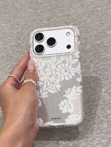 Ốp lưng điện thoại bảo vệ phủ kín họa tiết ren trắng phong cách tối giản Nhật Bản & Hàn Quốc, thiết kế sáng tạo chống sốc, tương thích với iPhone 17 Pro Max, 16, 15, 16 Pro Max, 17 - trắng - Xem 2