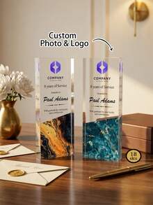 1pc Personalized Marble Pattern Acrylic Trophy Plaque, Customized Logo & Photo Engraving, Service Award, Corporate Employee Recognition Retirement Anniversary Gift, Suitable For Office Workplace - Multicolor - View 2