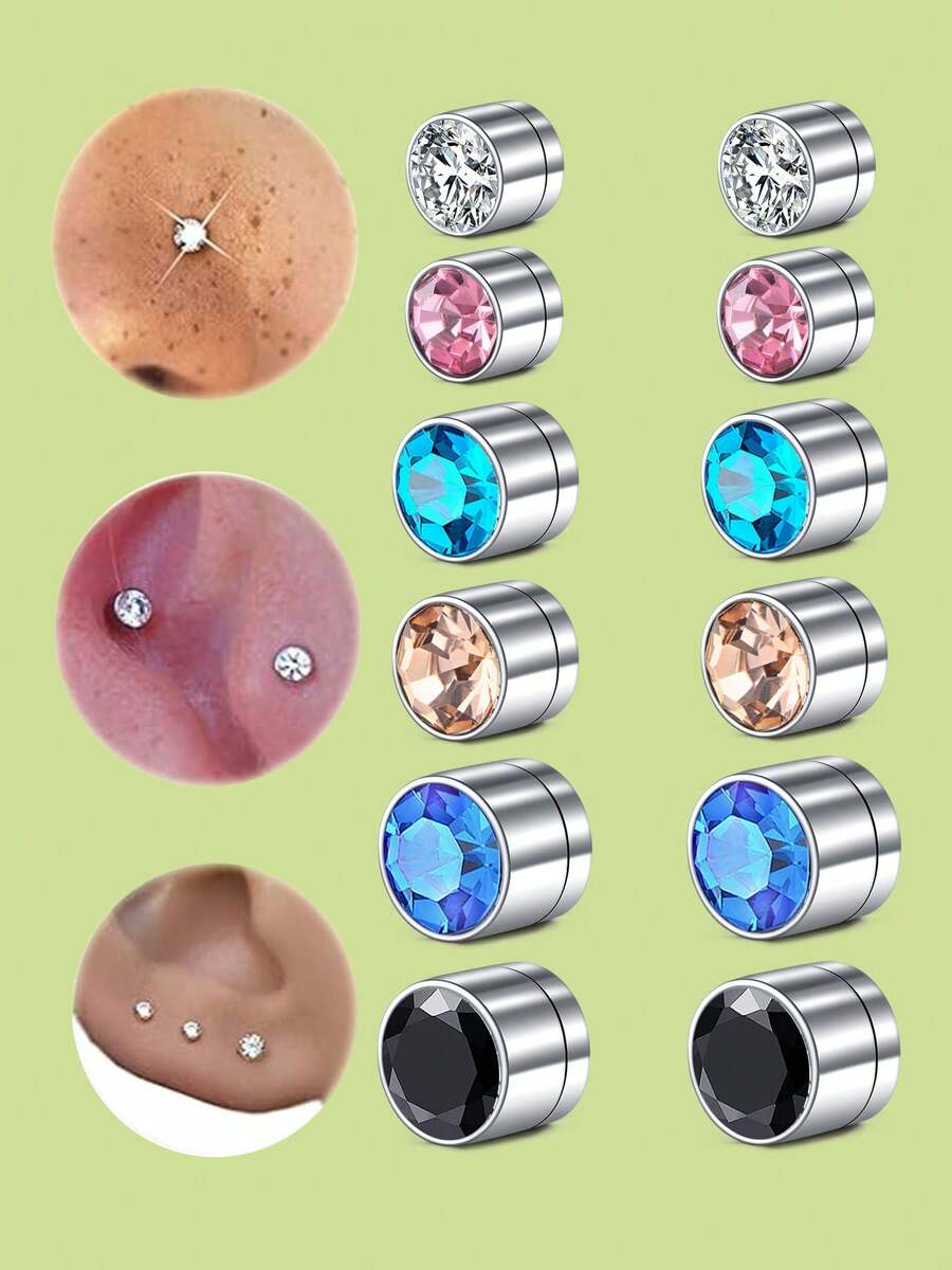 12pcs/Set Fake Earrings & Fake Nose Studs, Shiny Cubic Zirconia Inlaid, Clip-On Earrings & Nose Rings, No Piercing Required, Fashion Accessories - Multicolor - View 1