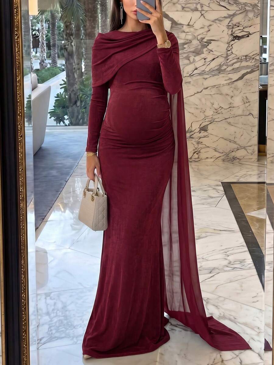 فستان ماكسي نسائي للحوامل بأسلوب Bump، مرن باللون العنابي مع تجاعيد، أكمام طويلة ضيقة، مع رقعة شفافة جانبية، مناسب للحفلات الرسمية وحفلات استقبال المولود - أحمر داكن - مشاهدة 1