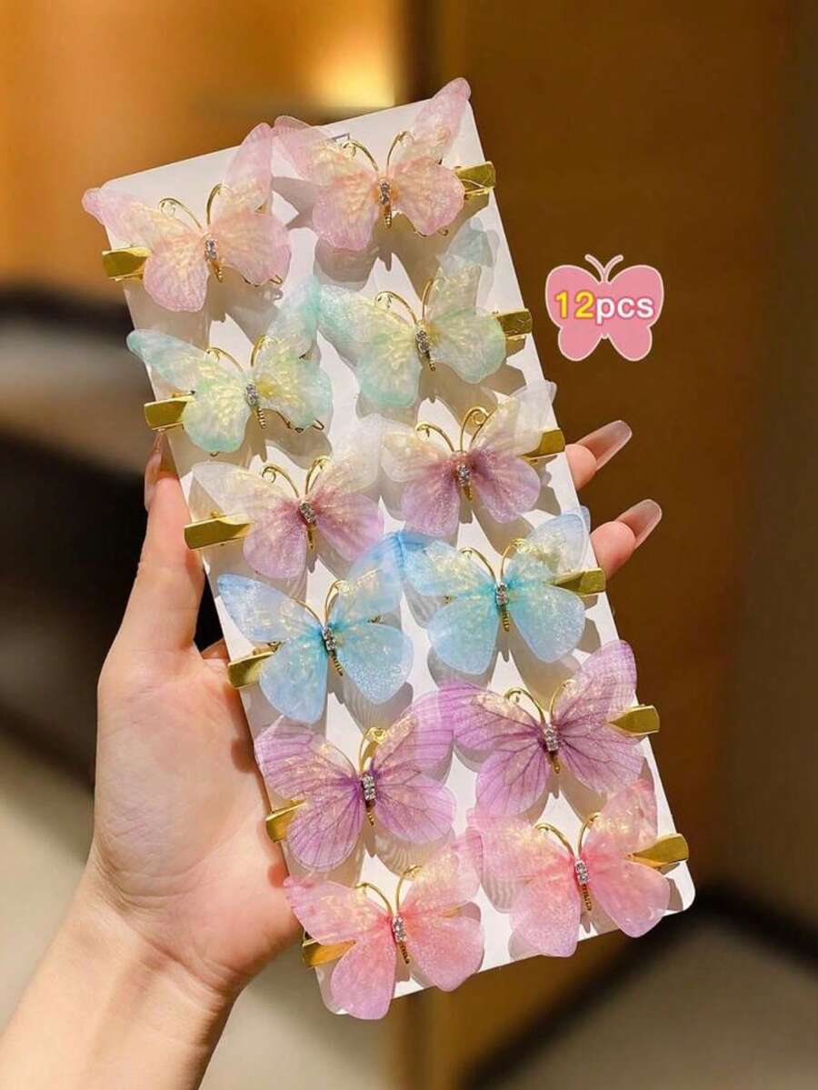 12/6pcs Women's Colorful Gradient Mesh Tulle Faux Gold Butterfly Hair ...