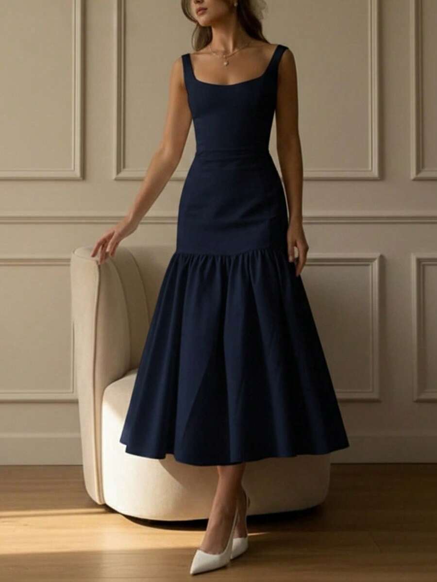 QUNGIGU Women's Elegant Square Neck Long Dress Mermaid Hem Summer Apparel For Wedding Graduation Dating - Navy Blue - View 1