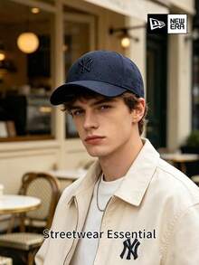 New Era Navy Blue NY Letter Embroidered All-Over Pattern Curved Brim Cap, Low-Key Everyday Hat - Navy Blue - View 3