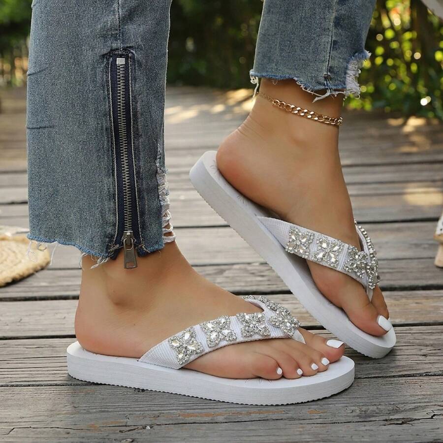 Butterfly Rhinestone Wedge Flip Flops For Women, Summer Outdoor Thick Sole Toe-Post Slippers, Beach Vacation Sparkling Rhinestone Sandals - White - View 1