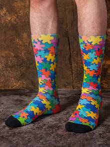 1/3 Pairs Rainbow Color Puzzle Block Pattern Mid-Calf Socks, Men's Mid-Calf Socks, Novelty And Fun, Interesting Christmas Gift - Multicolor - View 2