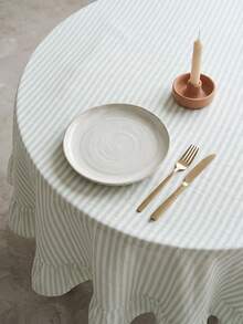 1pc Light Blue Green White Fine Striped Round Tablecloth, Fresh Natural Style Fabric Material, Round Ruffle Trim Pleated Detail Decoration, Beautification Function, Outdoor Round Tablecloth Suitable For Outdoor Patio And Natural Pastoral Dining Scenes - Green - View 8