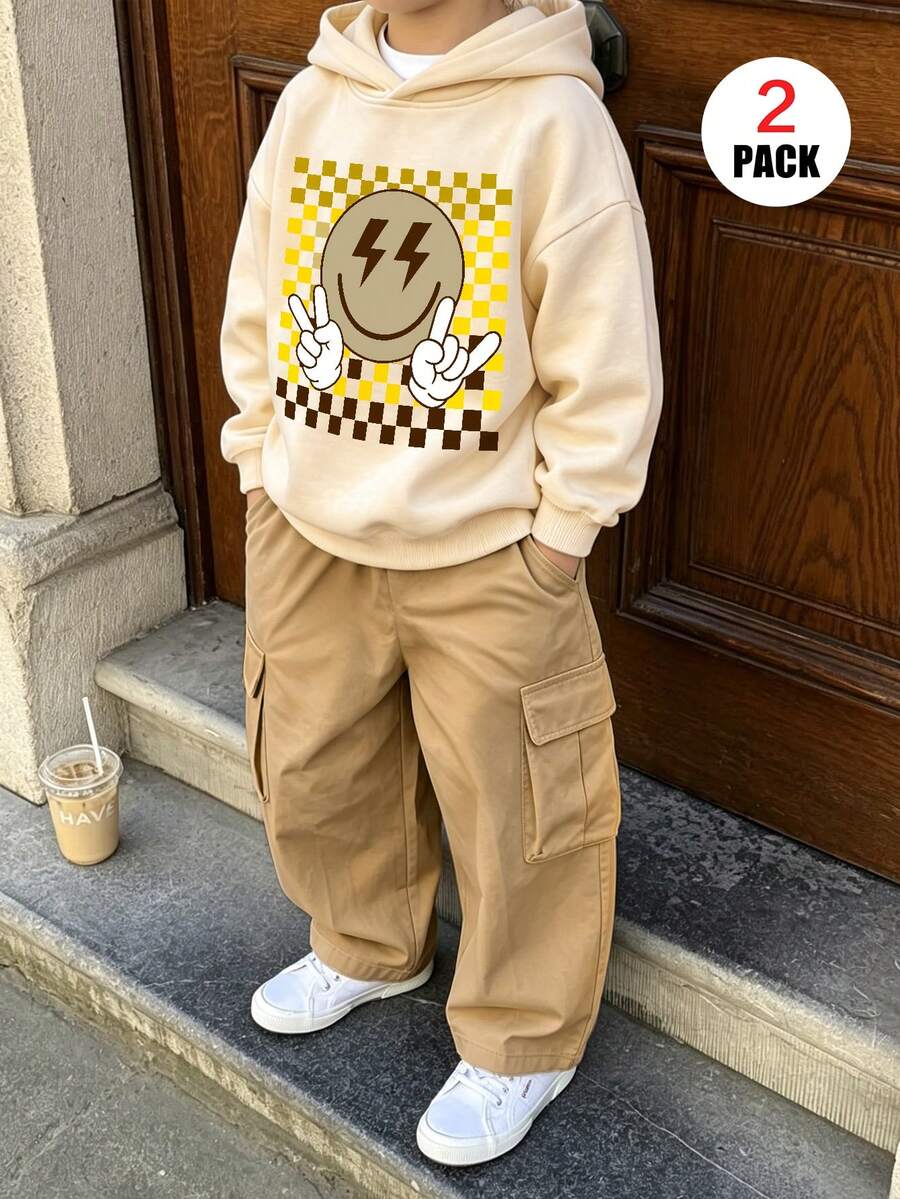 2pcs/Set Pakaian Kasual Anak Laki-laki, Termasuk Hoodie Motif Senyum Petir + Celana Kargo, Lembut dan Nyaman, Pakaian Musim Gugur/Musim Dingin - MultiWarna - View 1