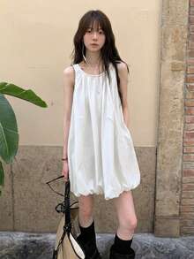 Korean Chic Spring Niche Design Ruched Round Neck Loose Casual Puff Dress Bubble Hem Vest Dress For Women White Elegant Summer - White - View 1