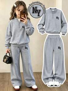 Tween Girls' Fashion Minimalist Letter Embroidered Half-Zip Polo Collar Sweatshirt With Loose Wide Leg Pants, 2-Piece Set For Autumn/Winter Daily Wear - Grey - View 1