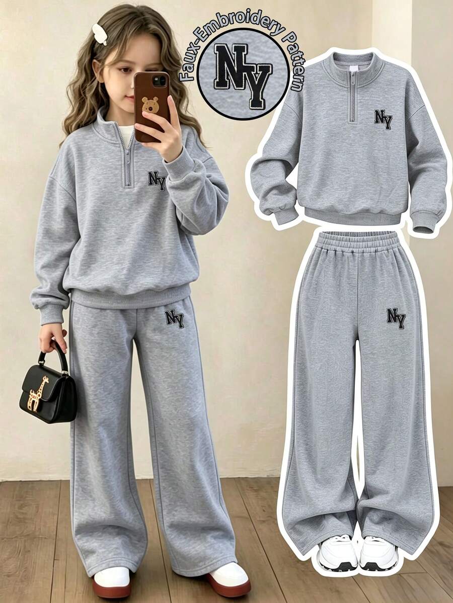 Tween Girls' Fashion Minimalist Letter Embroidered Half-Zip Polo Collar Sweatshirt With Loose Wide Leg Pants, 2-Piece Set For Autumn/Winter Daily Wear - Grey - View 1