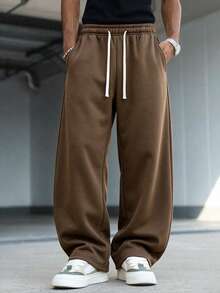1pc Men's Casual Sports Pants With Loose Straight-Leg Fit, Comfortable And Draping. Suitable For Home And Outdoor Wear, Also A Great Gift For Couples. Made Of 100% Polyester Fabric - Coffee Brown - View 4