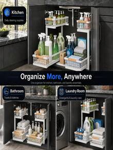 2pcs Under Sink Storage Rack, 2-Tier Pull-Out Metal Organizer, White | Kitchen Pull-Out Storage Cabinet Organizer, 2-Tier Under Sink Storage Rack, Suitable For Bathroom, Laundry Room, Kitchen, With Drawers - Multicolor - View 5