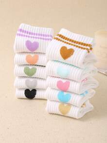 5 Pairs Kids White Random Striped & Heart Pattern Elastic Soft Socks, Suitable For Daily Wear And Sports, Versatile Casual, Breathable & Comfortable, Fit For 1-14 Years Old Children And Teenagers - Multicolor - View 2