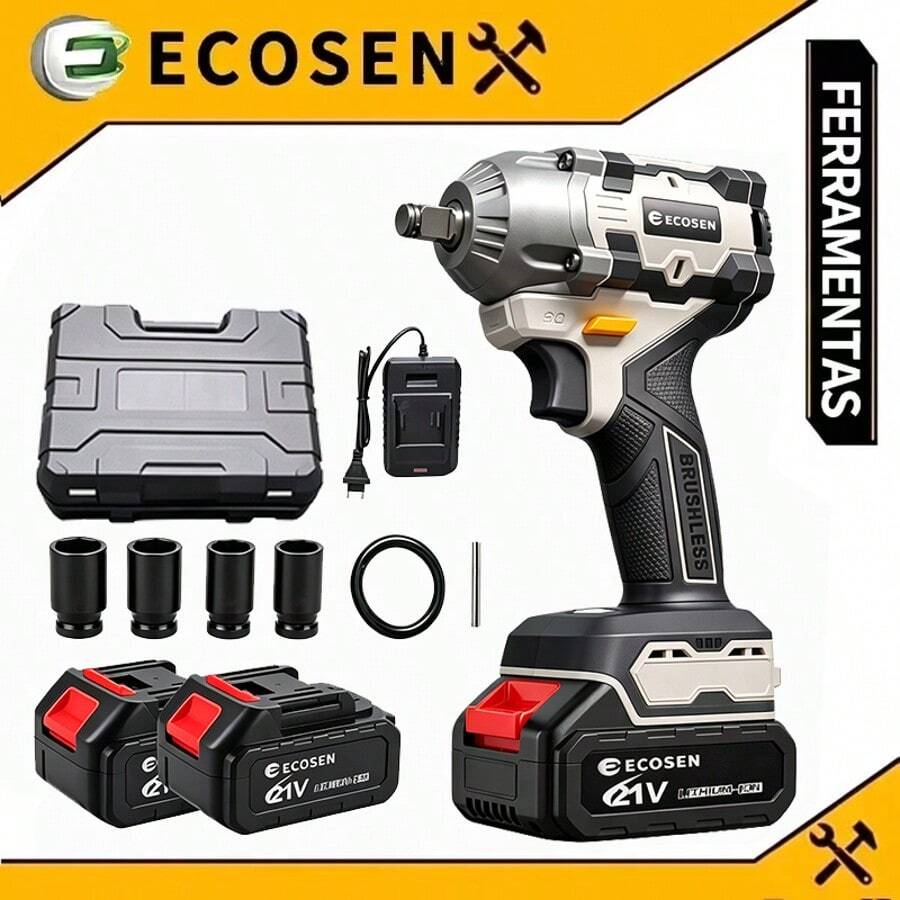 Chave de Impacto Elétrica Sem Escova 400N.M Alta Potência 2 Baterias 21V 1500mAh, Kit Completo com Soquetes Temperados e Maleta Plástica - Entrada do Brasil (220V) - Visão 1
